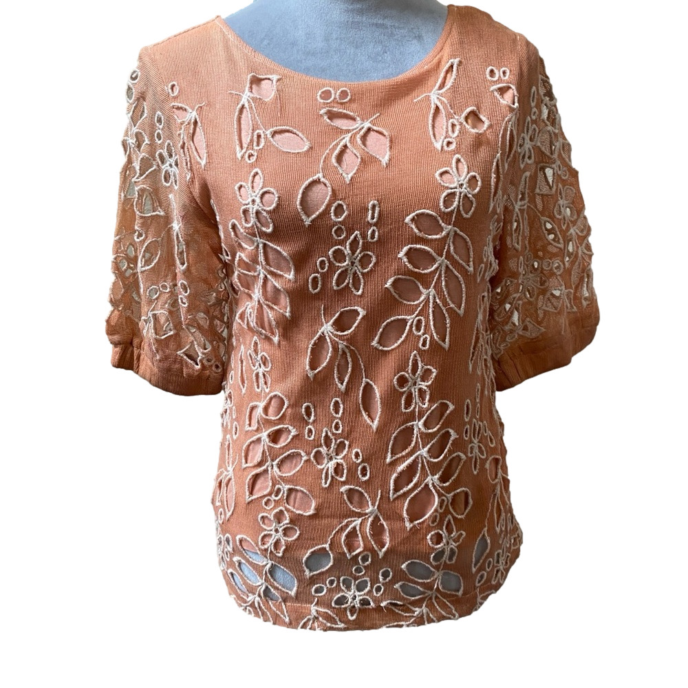 Aratta Floral Embroidered Blouse in Tan and Cream NWT